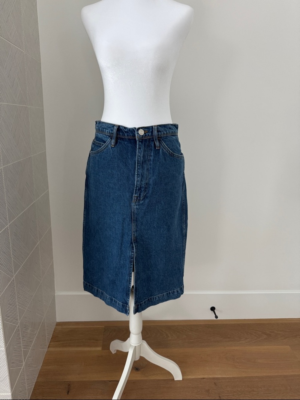 Frame Denim Midi Skirt with Front Slit
